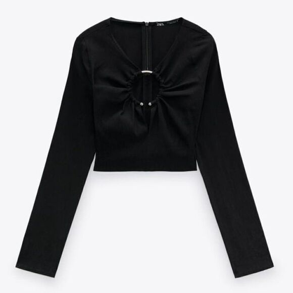 Rare Zara Metal Loop Linen Black Long Sleeve Crop Top - Picture 2 of 12